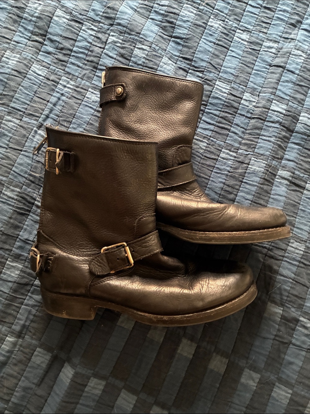 Frye Black Leather Engineer Boots with Buckles
